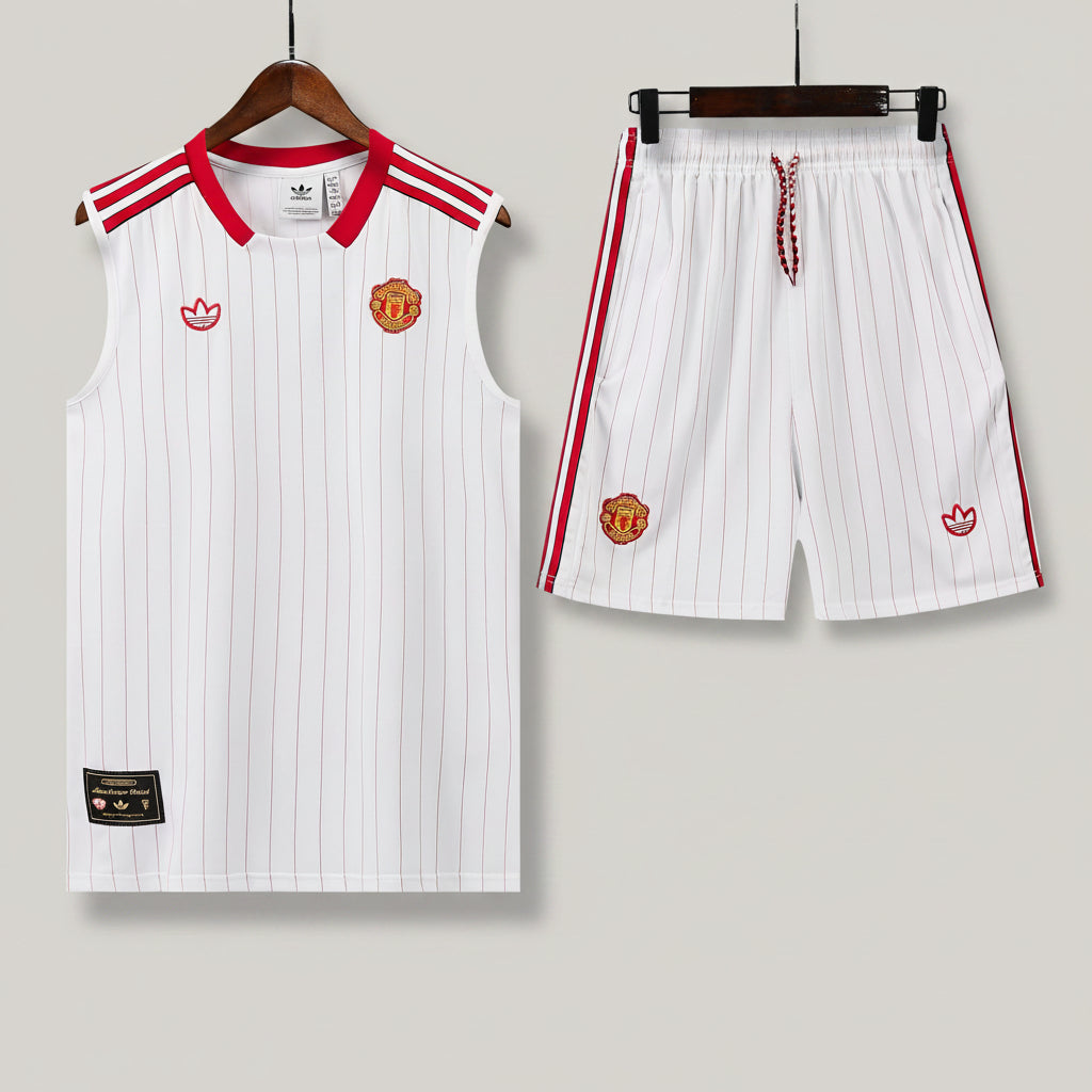 MANCHETER UNITED KIT ALLENAMENTO Retrò Bianco Rosso maglia e pantaloncino