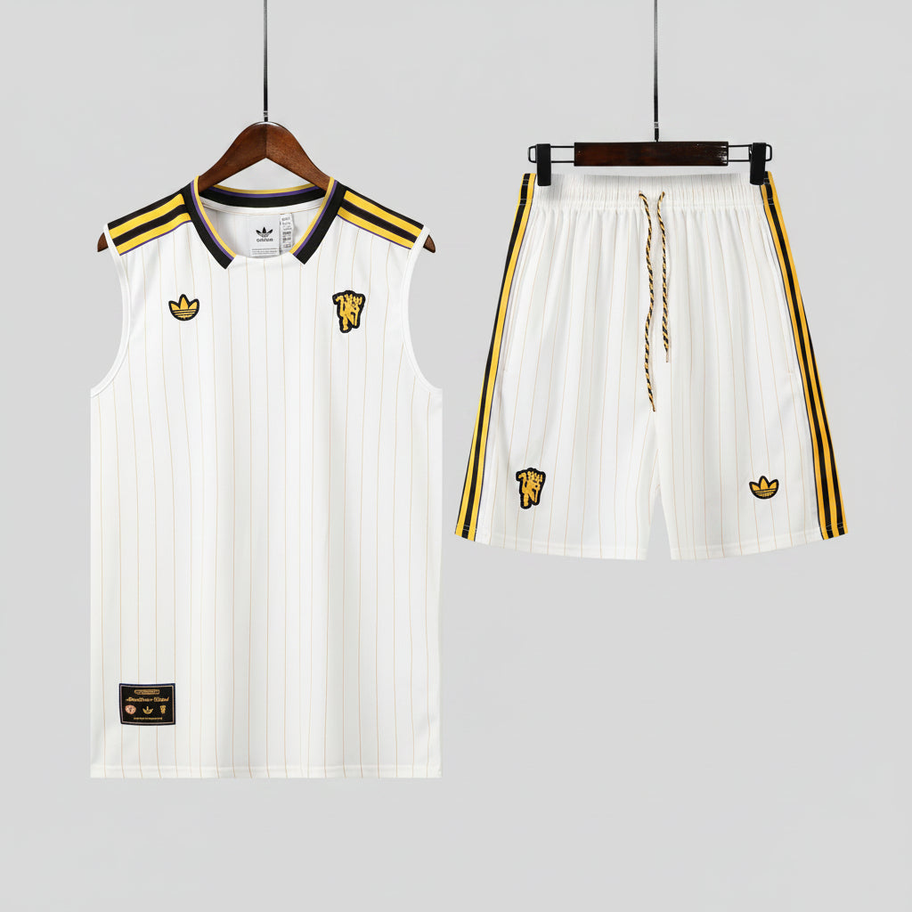 MANCHETER UNITED KIT ALLENAMENTO Retrò Bianco Giallo maglia e pantaloncino